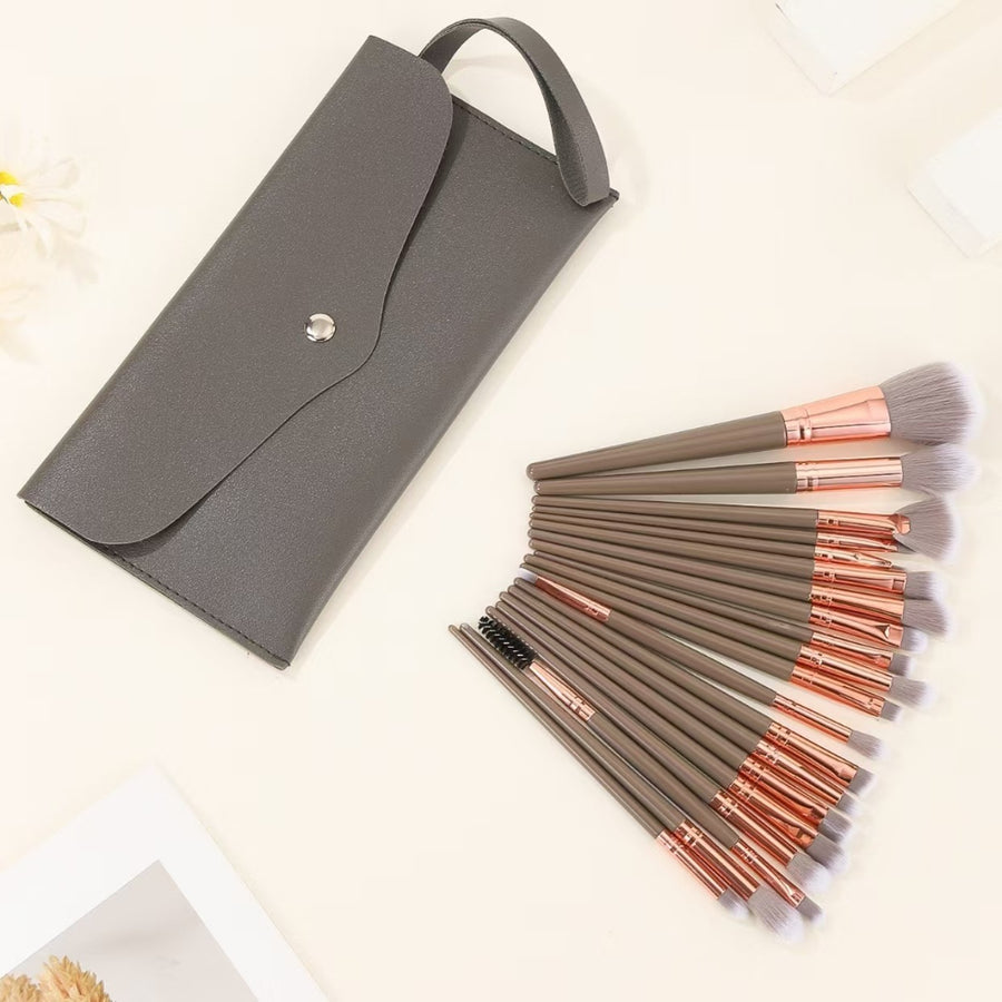 Brown and Gold Complete 20-Piece Makeup Brush Set with Travel Pouch - Professional Synthetic Face & Eye Brushes Kit